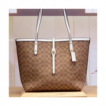 Coach Leather Market Tote Shoulder Shopper Bag,31cm - 코치 레더 마켓 토트 숄더 쇼퍼백 COAB0056,31cm,브라운+화이트