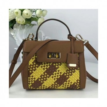 Michael Kors Leather Tote Shoulder Bag, 21CM - 마이클 코어스 레더 토트 숄더백 ,MKB0057, 21CM,브라운+옐로우
