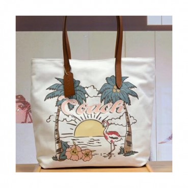 Coach Canvas Hawaii Aloha Print Tote Shoulder Bag,32cm - 코치 캔버스 하와이안 알로하 프린트 토트 숄더백 28077,COAB0027,32cm,화이트