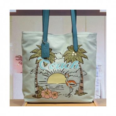 Coach Canvas Hawaii Aloha Print Tote Shoulder Bag,32cm - 코치 캔버스 하와이안 알로하 프린트 토트 숄더백 28077,COAB0026,32cm,블루