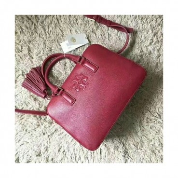 Tory Burch Leather Red Thea Rounded Double-zip Satchel Tote Shoulder Bag,29cm 