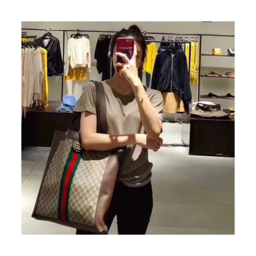 Gucci GG Stripe Canvas Tote Shoulder Bag,41CM - 구찌 GG 스트라이프 캔버스 토트 숄더백 519335, GUB0109,41cm,브라운
