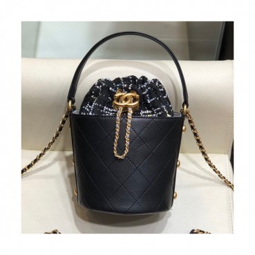 Chanel 2020 Leather Chain Bucket Tote Shoulder Cross Bag,17CM - 샤넬 2020 여성용 레더 체인 버킷 토트 숄더 크로스백,CHAB1450,17CM,블랙