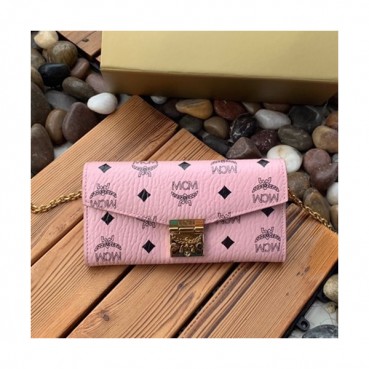 MCM 2019 Visetos Wallet Chain Shoulder Cross Bag,19cm - 엠씨엠 2019 여성용 비세토스 월릿 체인 숄더 크로스백 MCMB0306, 19cm,핑크