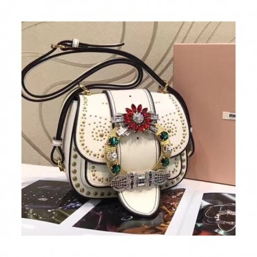 MiuMiu 2019 Lady Madras Stud Shoulder Cross Bag,20cm - 미우미우 2019 레이디 마드라스 스터드 숄더 크로스백,5BH019, MIUB0012 , 20cm,화이트