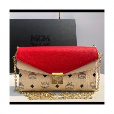 MCM 2019 Millie Visetos Chain Shoulder Cross Bag,24cm - 엠씨엠 2019 여성용 밀리 비세토스 체인 숄더 크로스백 MCMB0253, 24cm,베이지+레드
