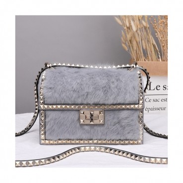 Valentino 2019 Fur & Leather Shoudler Cross Bag,21CM - 발렌티노 2019 퍼 & 레더 숄더 크로스백,VTB0366,21CM,그레이