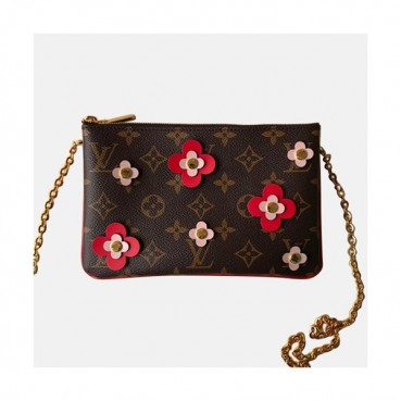 Louis Vuitton 2019 Pochette Flower Double Zip Chain Shoulder Cross Bag,20cm - 루이비통 2019 포쉐트 더블 집 체인 숄더 크로스백 M63905,LOUB1061,20cm,브라운+레드