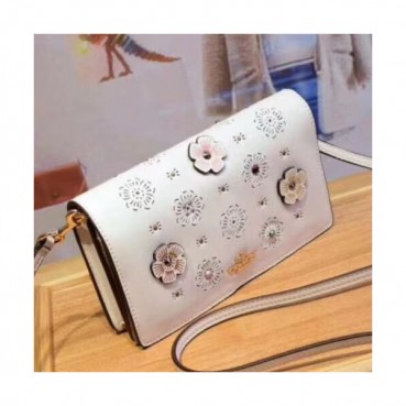 Coach Leather Foldover With Cut Out Tea Rose Shoulder Cross Bag - 코치 레더 폴드오버 위드 컷 아웃 티로즈 숄더 크로스백,27086,COAB0043,화이트