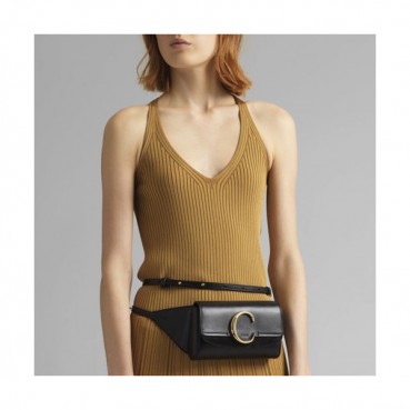 Chole 2020 C Leather Belt Bag Hip Sack, 17.5cm -  끌로에 2020 C 레더 벨트백 힙색,CLB0184,17.5cm,블랙