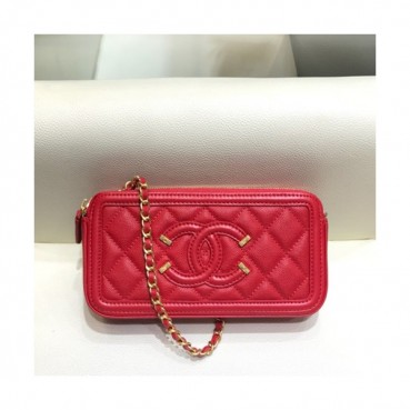 Chanel 2019 Leather Double Zip Chain Shoulder Bag / Phone Bag,19CM - 샤넬 2019 레더 더블 지퍼 체인 숄더백/폰 백 CHAB1186,19CM,레드