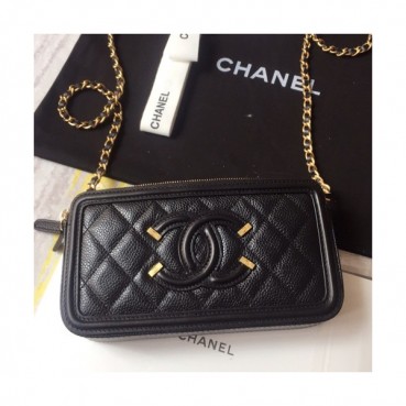 Chanel 2019 Leather Double Zip Chain Shoulder Bag / Phone Bag,19CM - 샤넬 2019 레더 더블 지퍼 체인 숄더백/폰 백 CHAB0674,19CM,블랙