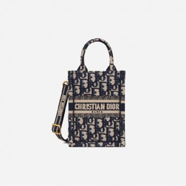 디올 여성 블루 오블리크 자수 북 토트 미니 휴대폰 백 - Dior Oblique Embroidery Mini Tote Bag