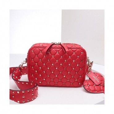 Valentino 2019 Leather Ruckstud Camera Small Shoudler Bag,20CM - 발렌티노 2019 여성용 레더 락스터드 카메라 스몰 숄더백 ,VTB0281,20CM,레드