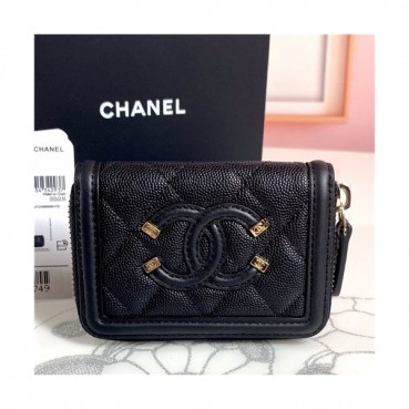 Chanel 2021 Women's Leather Card Purse,11cm,CHAW0132 - 샤넬 2021 여성용 레더 카드퍼스,11cm,블랙