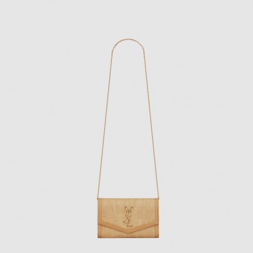입생로랑 여성 마이크로 업타운 체인 지갑 - Saint Laurent Womens Uptown Chain Wallet in Micro Raffia 