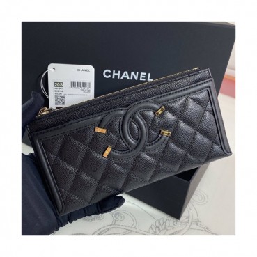 Chanel 2021 Women's Leather Wallet,19cm,CHAW0134 - 샤넬 2021 여성용 레더 장지갑,19cm,블랙