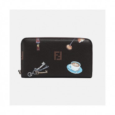 Fendi 2019 Womens Print Initial Logo Zip Round Long Purse - 펜디 여성 프린트 이니셜 로고 지퍼 장지갑 Fen0186x.Size(19cm).블랙