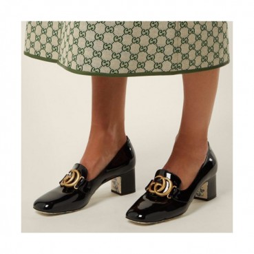 Gucci 2019 Ladies Web GG Metal Logo Patent Middle-heel pumps 