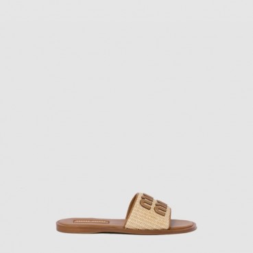 미우미우 여성 라피아 효과 우븐 패브릭 슬라이드 - Miumiu Womens Raffia effect woven fabric slide 