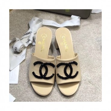 Chanel 2019 Ladies Leather Middle Heel Slipper - 샤넬 2019 여성용 레더 미들힐 슬리퍼 CHAS0323.Size(225 