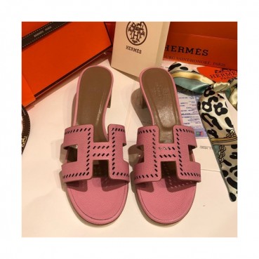 Hermes 2019 Ladies Oasis Leather Middle Heel Slipper - 에르메스 2019 여성용 오아시스 레더 미들힐 슬리퍼 HERS0039,Size(225 