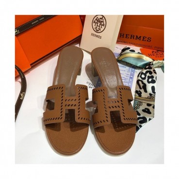 Hermes 2019 Ladies Oasis Leather Middle Heel Slipper - 에르메스 2019 여성용 오아시스 레더 미들힐 슬리퍼 HERS0037,Size(225 