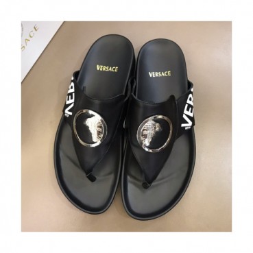 Versace 2019 Mens Logo Leather Flip-flap 
