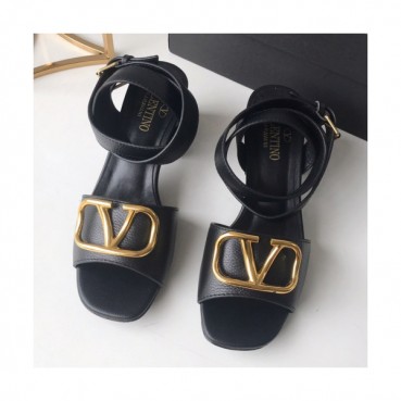 Valentino 2019 Womens Metal Logo Middle-heel Leather Sandal 