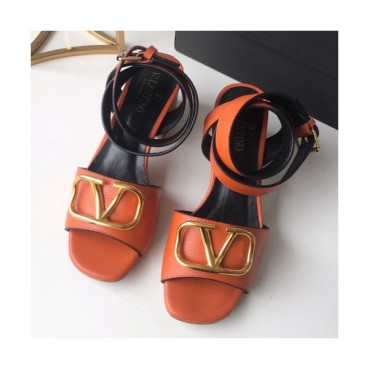 Valentino 2019 Womens Metal Logo Middle-heel Leather Sandal 