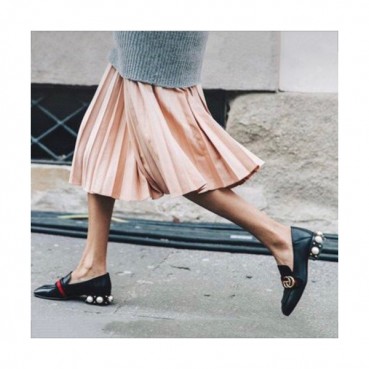 [미러급]Gucci 2019 Ladies Strap GG Metal Logo Pearl Lamskin Middle-heel Loafer 