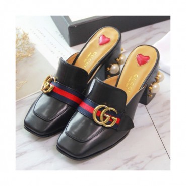 Gucci 2019 Ladies Strap GG Metal Logo Pearl Middle-heel BLoafer 