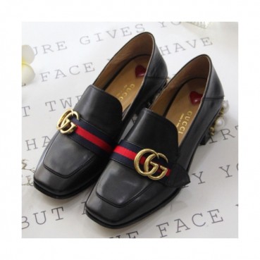 Gucci 2019 Ladies Strap GG Metal Logo Pearl Middle-heel Loafer 