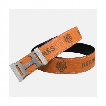 Hermes 2019 Mens Business Initial Logo Reversible Leather Belt - 에르메스 남성 비지니스 이니셜 로고 양면 가죽 벨트 Her0171x.Size(3.8cm).오렌지은장