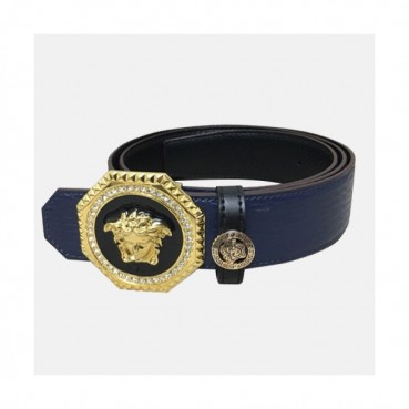 Verasace 2019 Mens Embellished Satin Medusa Buckle Leather  Belt - 베르사체 남성 엠벨리쉬 새틴 메두사 버클 레더 벨트 Ver0155x.Size(3.8cm).블루금장
