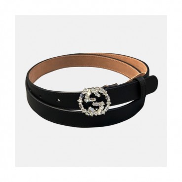 Gucci 2019 Ladies Embellished Crystal Buckle Leather Belt - 구찌 여성 엠벨리쉬 크리스탈 버클 레더 벨트 Guc0720x.Size(2.0cm).블랙