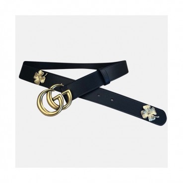 Gucci 2019 Mens GG Clover Embllished Buckle Leather Belt - 구찌 신상 남성 GG 클로버 장식 버클 레더 벨트 Guc0684x.Size(3.0cm).블랙금장