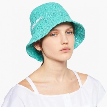 미우미우 여성 라피아 벙거지 - Miumiu Womens Blue Bucket Hat 