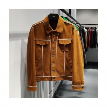 Fendi  Mens Casual Zip-up Leather Jackets Brown 