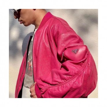 Prada Mens Logo Casual Leather Jacket Pink - 프라다 2021 남성 로고 캐쥬얼 가죽 자켓 Pra02410x Size(m 