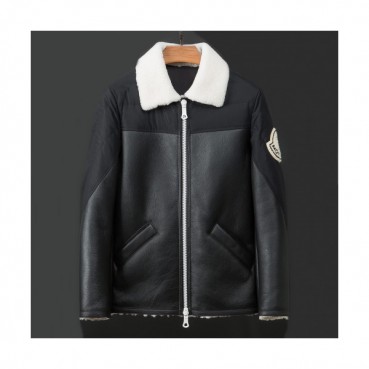 Moncler 2019 Mens Logo Casual Zip-up Leather Jacket 
