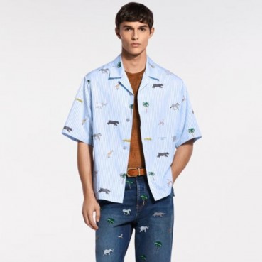 루이비통 남성 다즐링 리미티드 자수 스트라이프 반팔 셔츠 - Louis vuitton Mens Darjeeling Limited Embroidered Striped Short