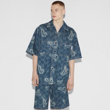구찌 남성 블루 반팔 셔츠 - Gucci Mens Blue Denim Shirts 