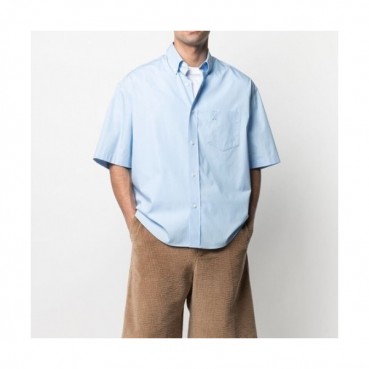 Ami Mens Logo Casual Cotton Short-sleeved Shirts Blue 