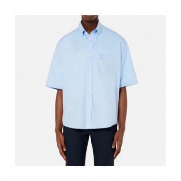 Ami Mens Logo Casual Cotton Short-sleeved Shirts Blue 