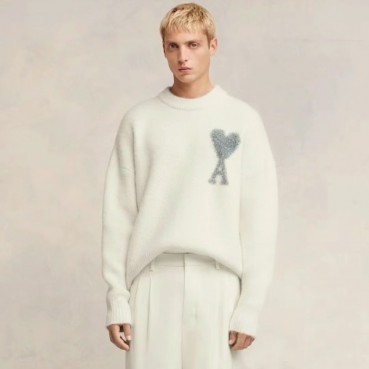 아미 남/녀 아이보리 크루넥 니트 - Ami Unisex Ivory Knits 