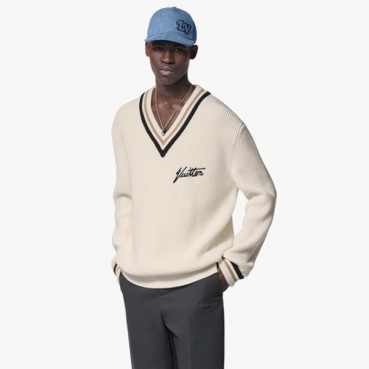 루이비통 남성 화이트 브이넥 니트 - Louis vuitton Mens White Sweaters 