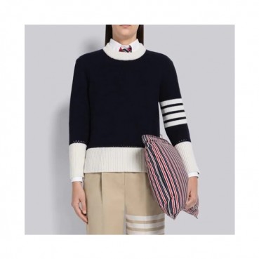 톰브라운 여성 네이비 크루넥 니트 - Thom Browne Womens Navy Knits 