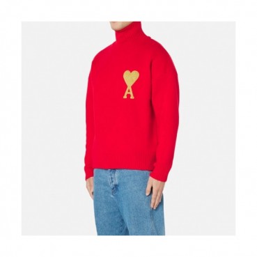Ami  Unisex Logo Casual Turtle-neck Sweaters Red 