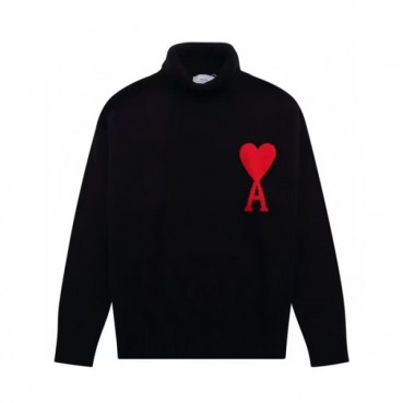 Ami  Unisex Logo Casual Turtle-neck Sweaters Black 